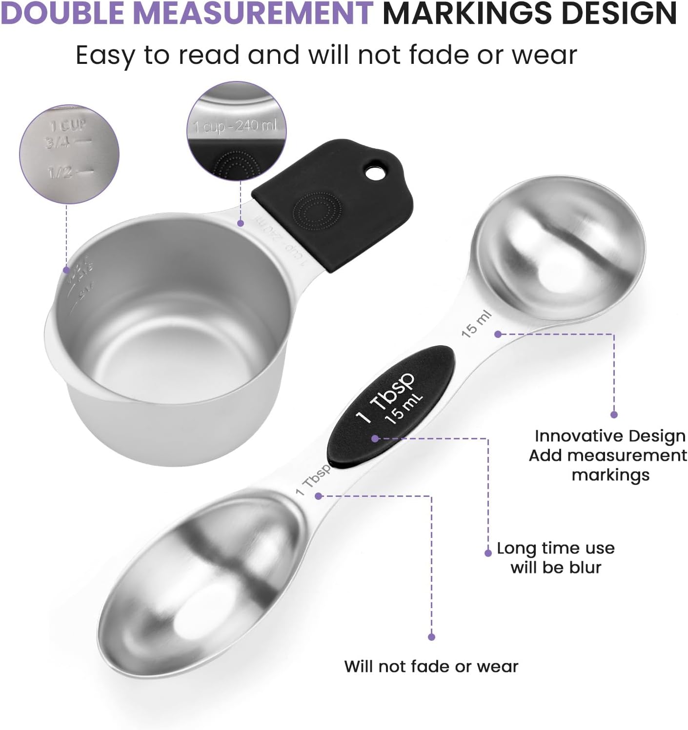 Magnetic Measuring Cups and Spoons Set-Heavy Duty 304 Stainless Steel，Double Measurement
