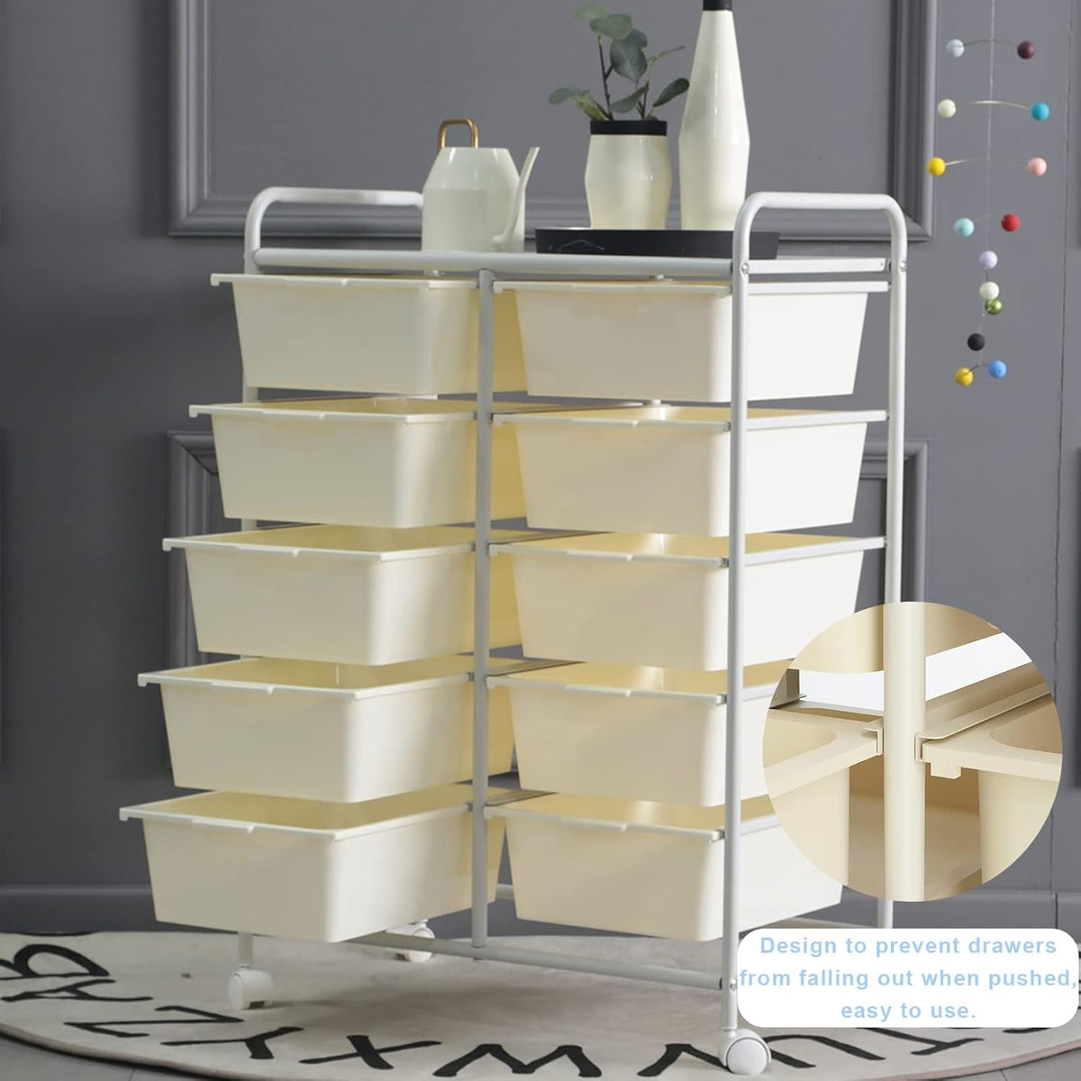 Rolling Cart with 10 Drawers, Plastic Drawer Cart with Metal Frame, Multipurpose Art Craft Cart