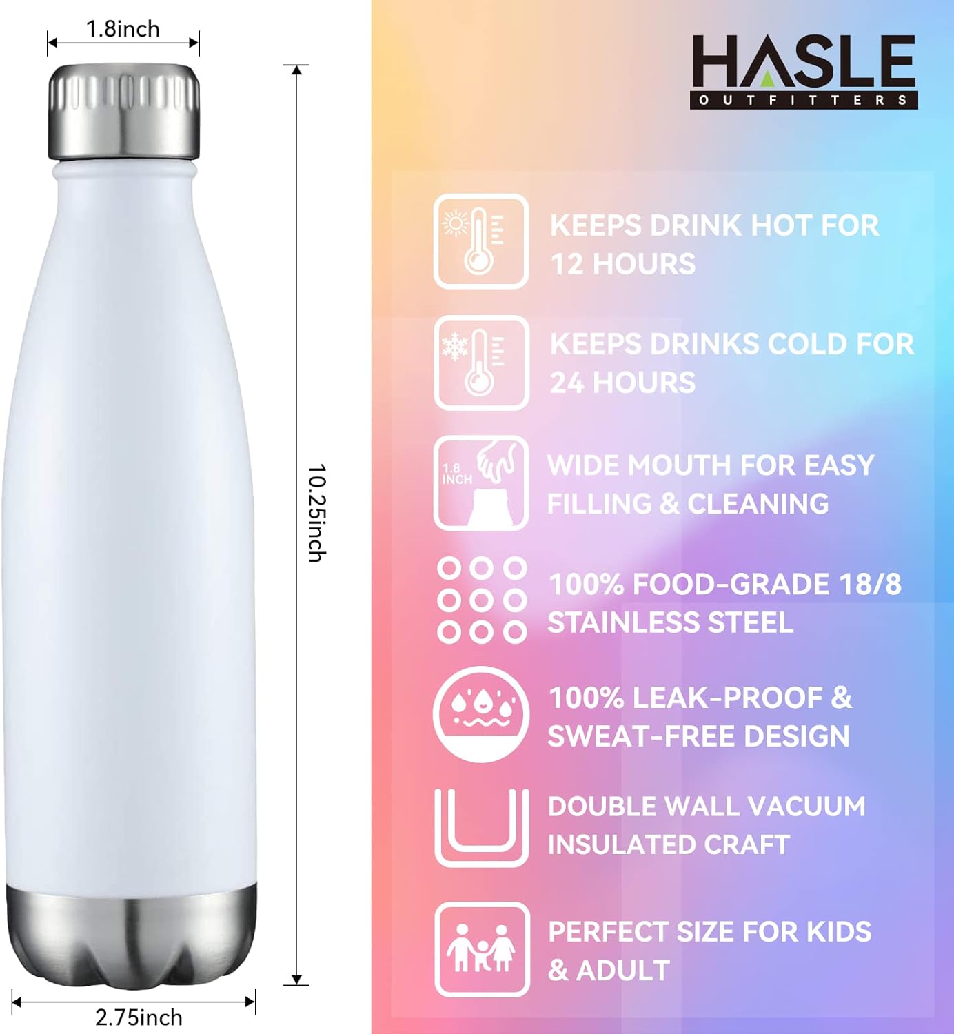 HASLE OUTFITTERS 17oz Stainless Steel Water Bottles, Vacuum Insulated Water Bottles Double Walled