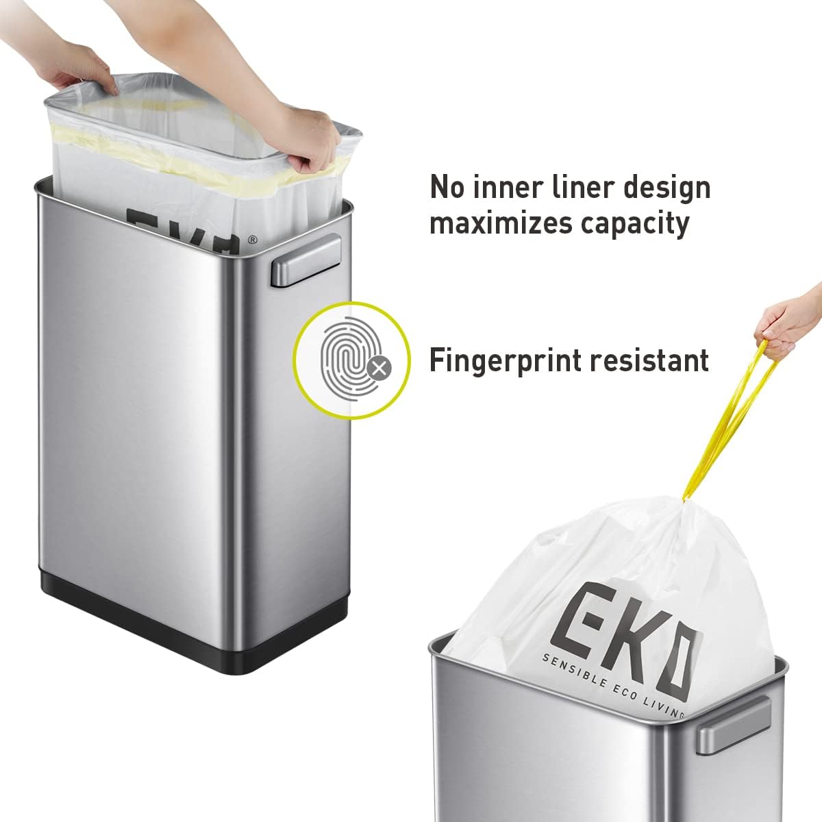 EKO Deluxe Mirage-T 50 Liter / 13.2 Gallon Touchless Rectangular Motion Sensor Trash Can, Matte