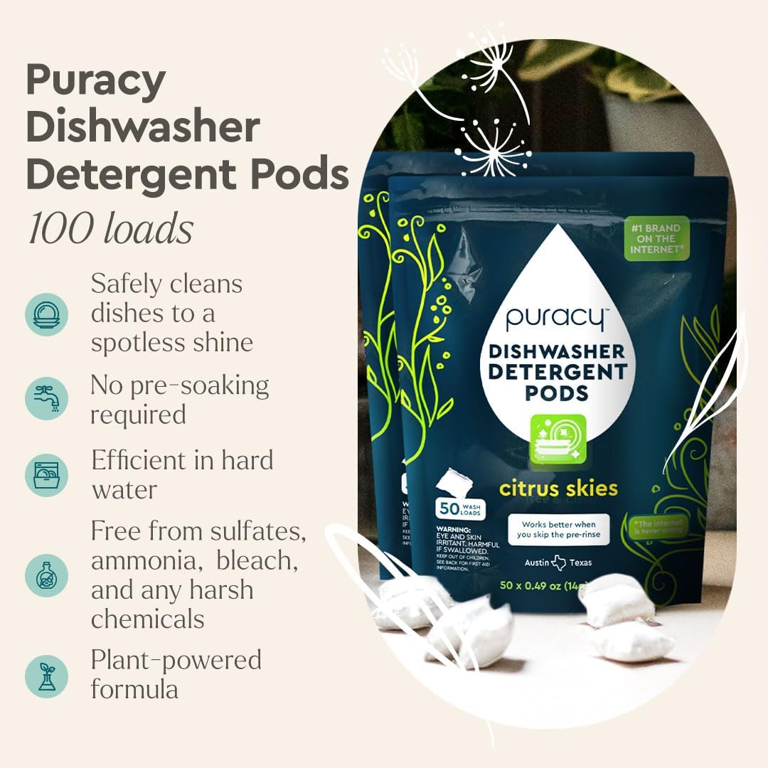 Puracy Dishwasher Pods, Natural Dishwasher Detergent, Citrus Skies Dish tabs - Enzyme-Powered, Spot
