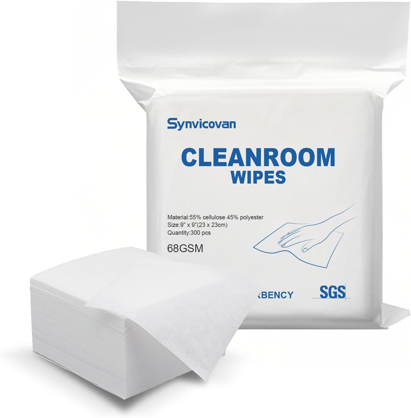Cleanroom Wipes 9"x9" (300 Pcs, Cellulose/Polyester Blend, Grade A, 68GSM) Lint Free Wipes for