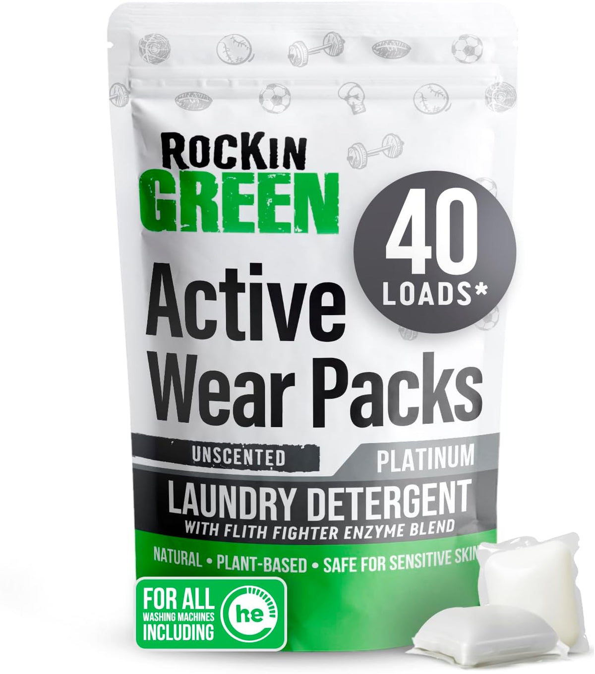 Rockin' Green Laundry Detergent Pods, Plant-based, All Natural, Vegan & Biodegradable Odor Fighter