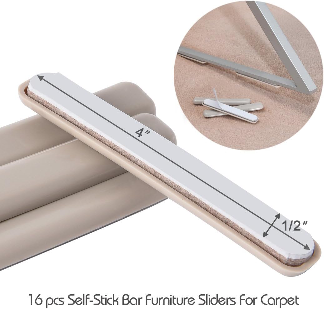 Ezprotekt 16 Pack Self-Stick Furniture Movers Sliders Strip for Carpet, 1/2 x 4 inch Rectangular