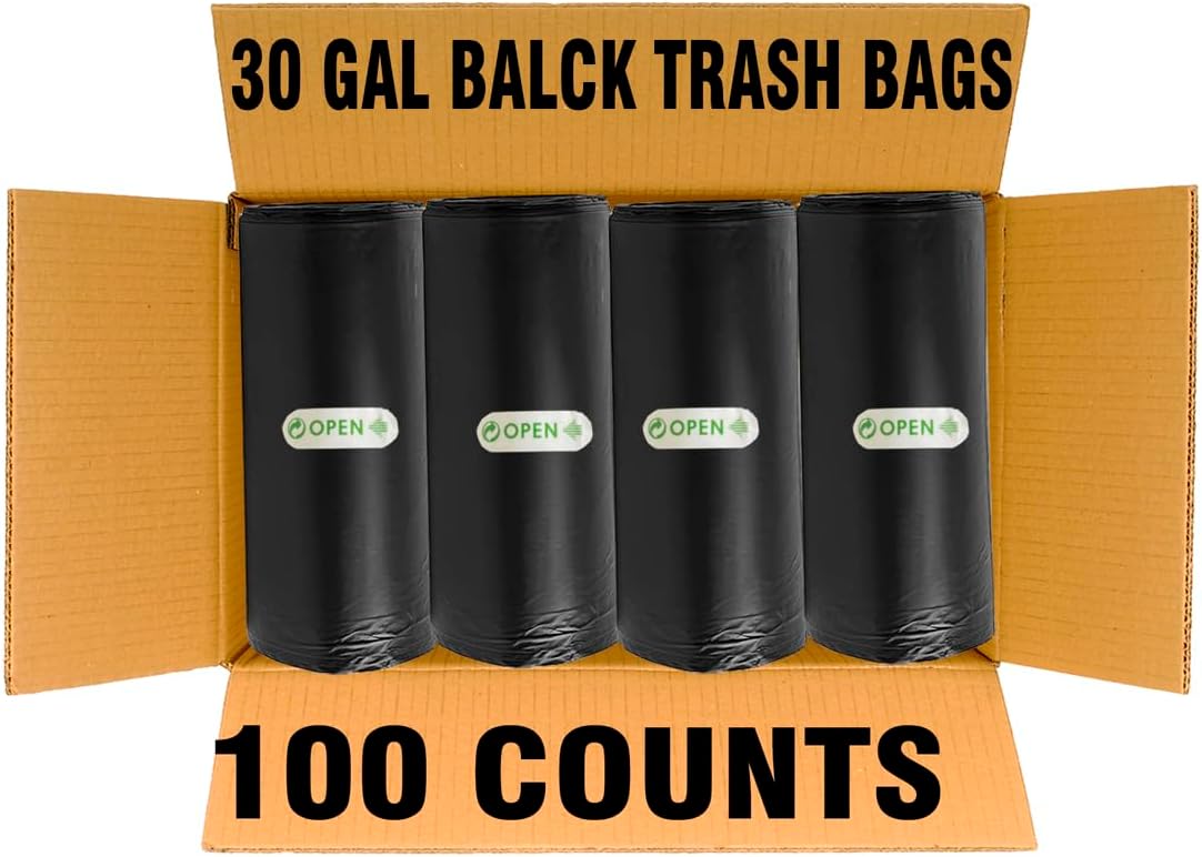 30 Gallon Trash Bags, 100 Count Black Garbage bags, Multi-purpose Trash Can Bin Liners for
