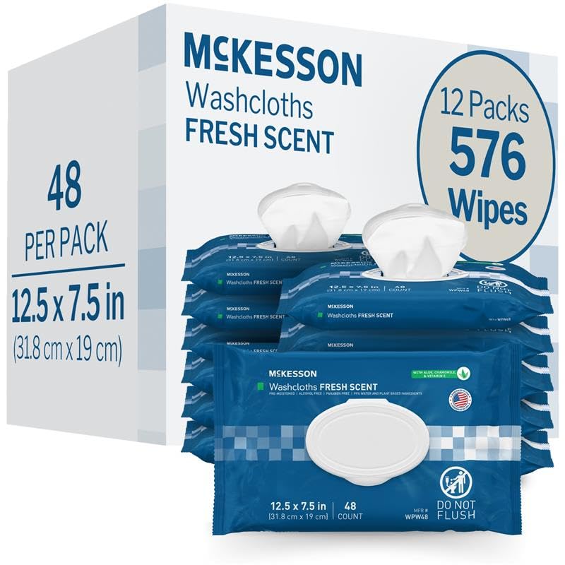 McKesson Washcloth Wipes for Adults, Scented (12 Pack, 576 Washcloths) Disposable Wash Cloths for