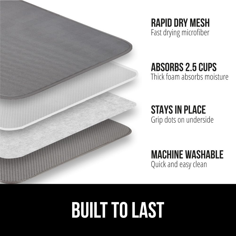 GORILLA GRIP Ultra Water Absorbent Microfiber Dish Drying Mat, Quick Dry Thick Mesh, Slip Resistant