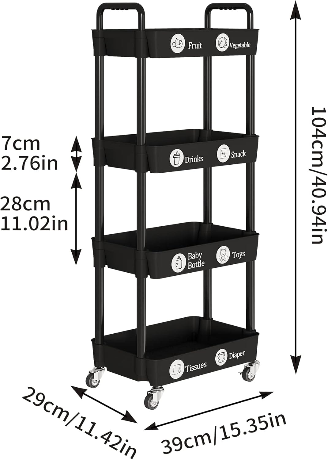 Laiensia 4-Tier Rolling Cart with Wheels,Multifunction Utility Storage carts, Kitchen Storage