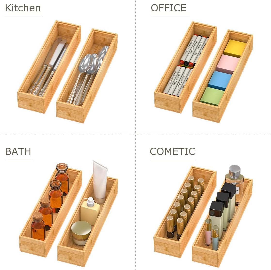 Bamboo Kitchen Drawer Organizer, Stackable Silverware Tray Utensil Organizer Cutlery Holder for