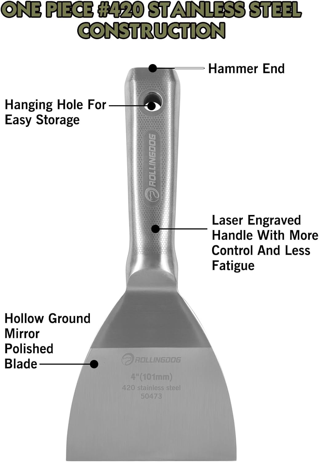 ROLLINGDOG 4 inch Putty Knife - Paint Scraper Drywall Knife with 420 Stainless Steel One Piece