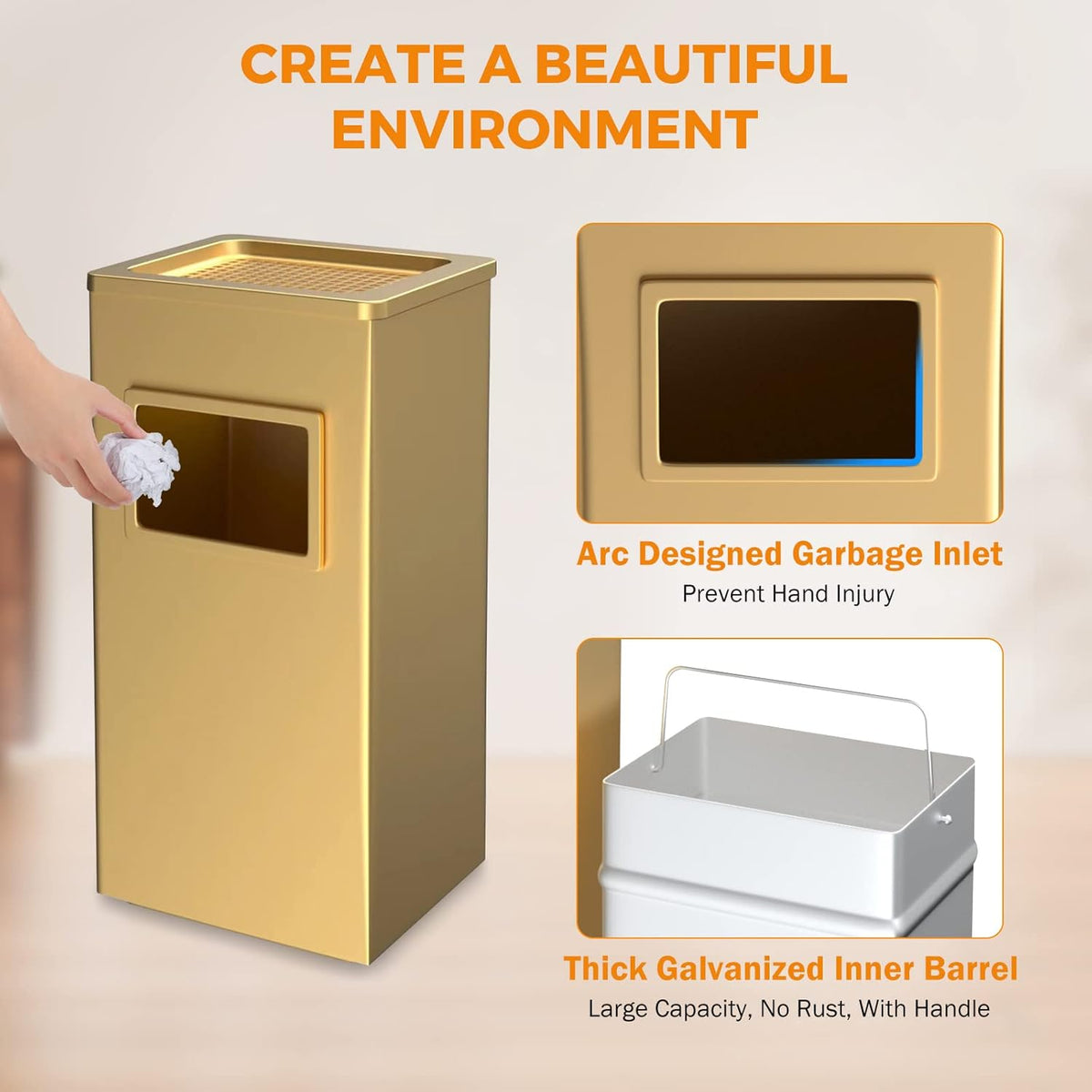 BEAMNOVA Trash Can Indoor Outdoor Black Stainless Steel Commercial Garbage Can Industrial Garbage