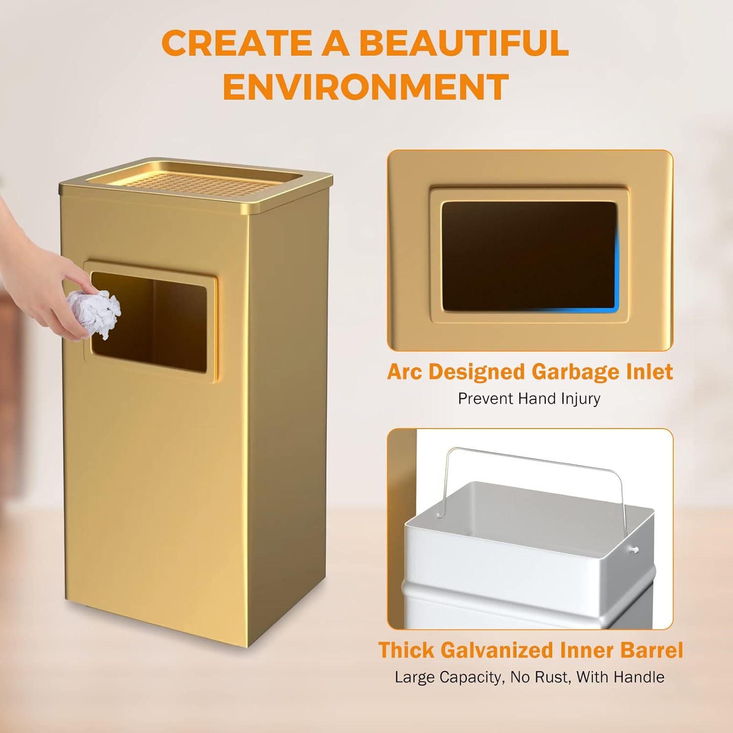 BEAMNOVA Trash Can Indoor Outdoor Black Stainless Steel Commercial Garbage Can Industrial Garbage