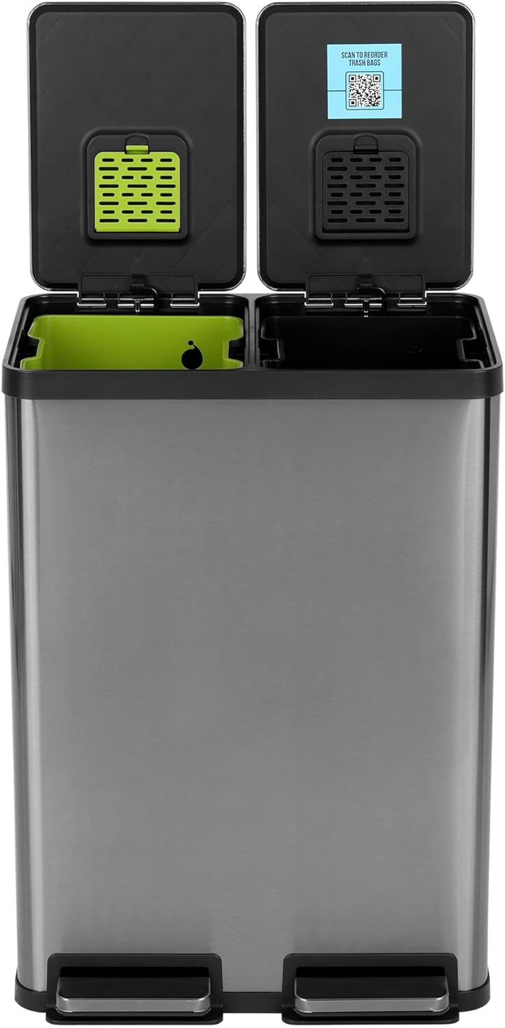 SIMPLI-MAGIC 16 Gallon (60L) Elegant Black Step Trash Can – Dual Compartment Kitchen Garbage Can