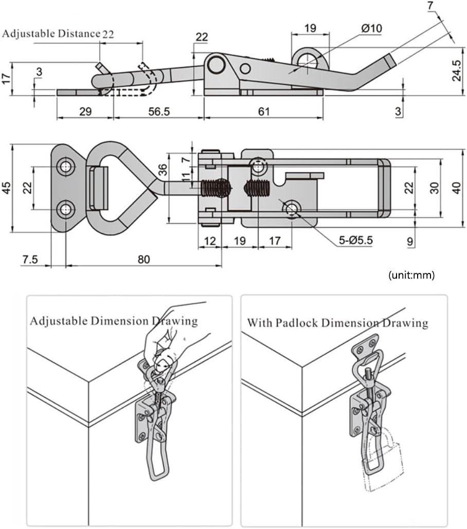 Adjustable Latch Buckle Cabinet Boxes Lever Handle Toggle Catch Latch Lock,Silver,Adjustable Range