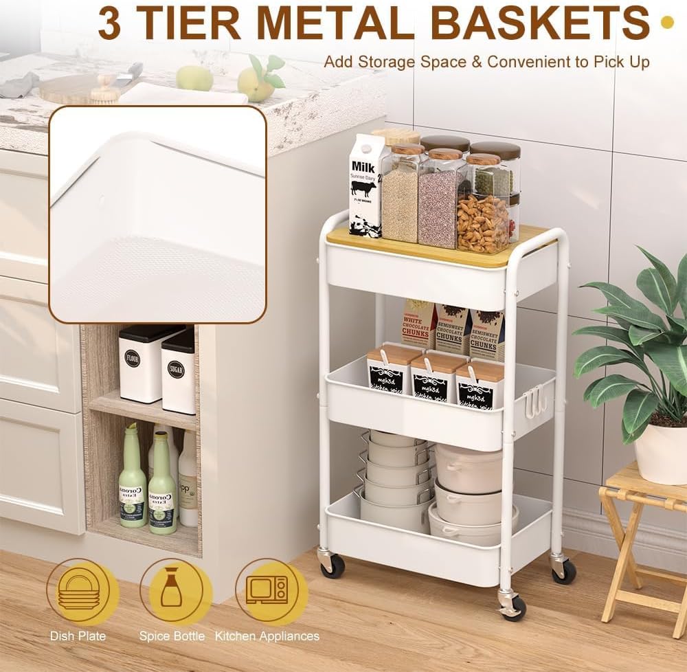 3 Tier Metal Utility Cart, Rolling Storage Cart with Wooden Tabletop, Metal Organizer Cart with