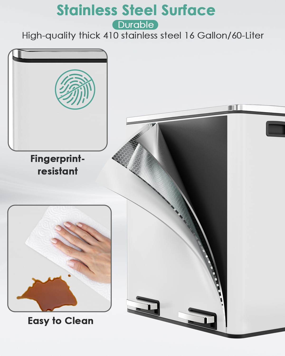 AthLike 60L(16 Gal) Dual Trash Can, Stainless Steel Kitchen Garbage Can, Double Compartment