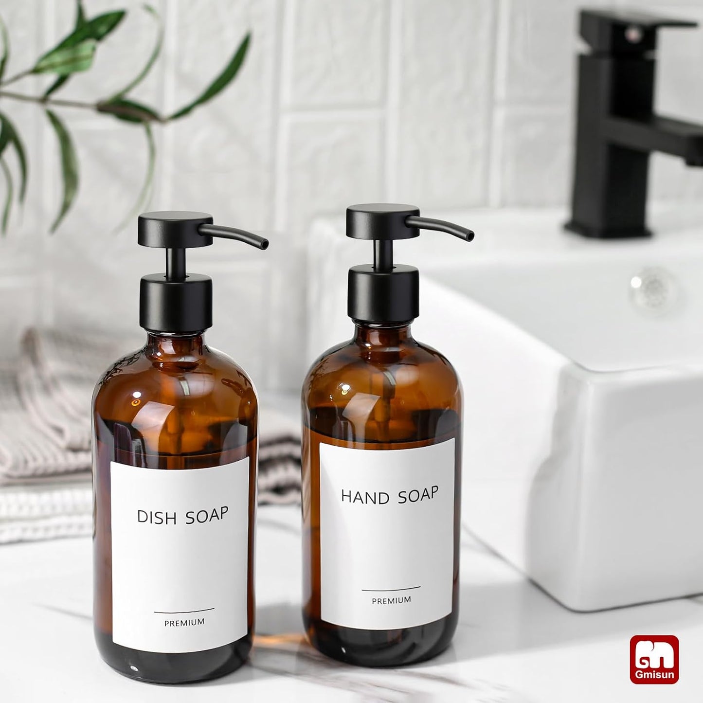 GMISUN Amber Glass Soap Dispenser, 2 Pack Bathroom Hand Soap Dispensers with Stainless Steel Flat