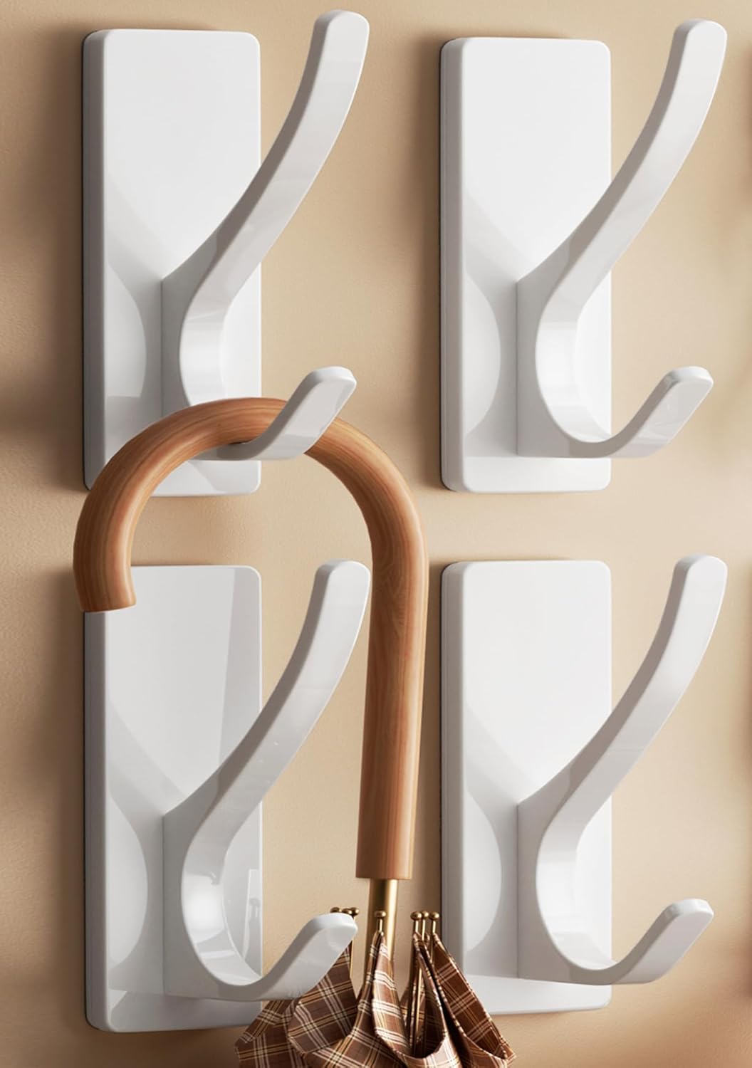 White Self Adhesive Coat Hooks for Hanging, Heavy Duty Stainless Double Wall Hook for Towel