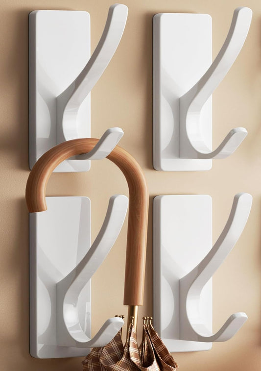 White Self Adhesive Coat Hooks for Hanging, Heavy Duty Stainless Double Wall Hook for Towel