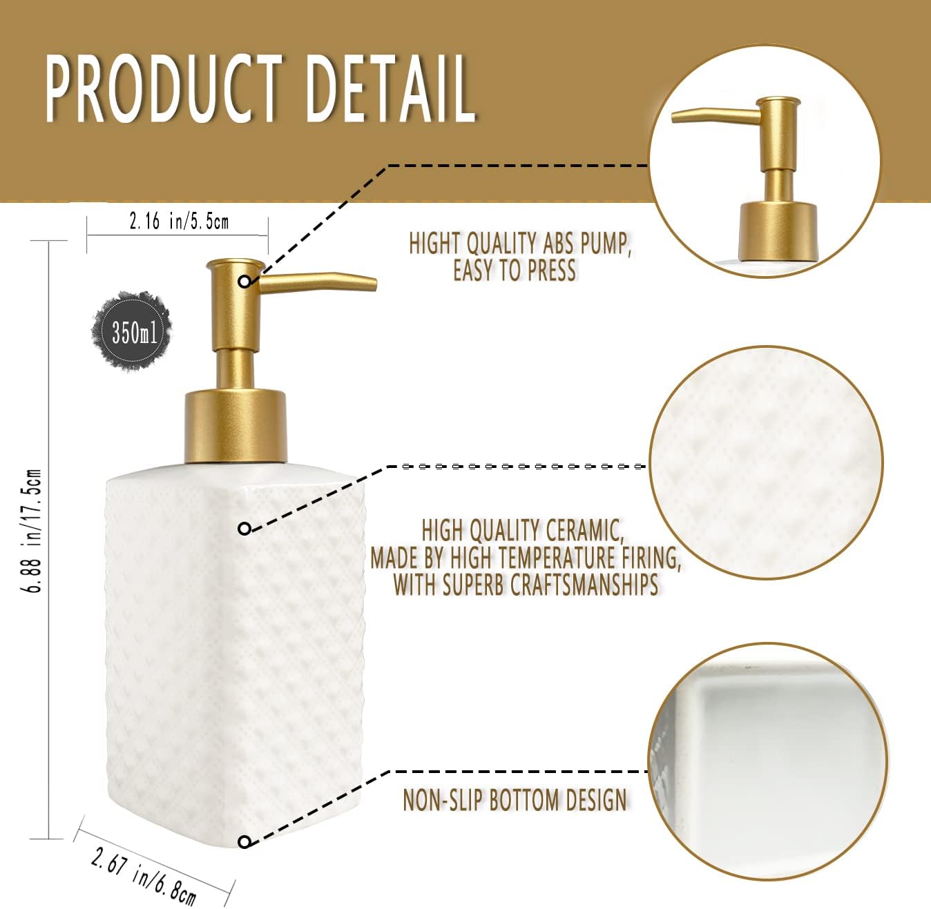 Chic Unique White Soap Dispenser for Bathroom with Golden Pump,Lotion Dispenser, Refillable