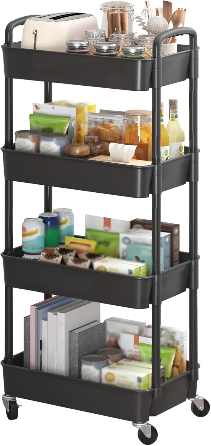 Sywhitta 4-Tier Plastic Rolling Utility Cart with Handle, Multi-Functional Storage Trolley for