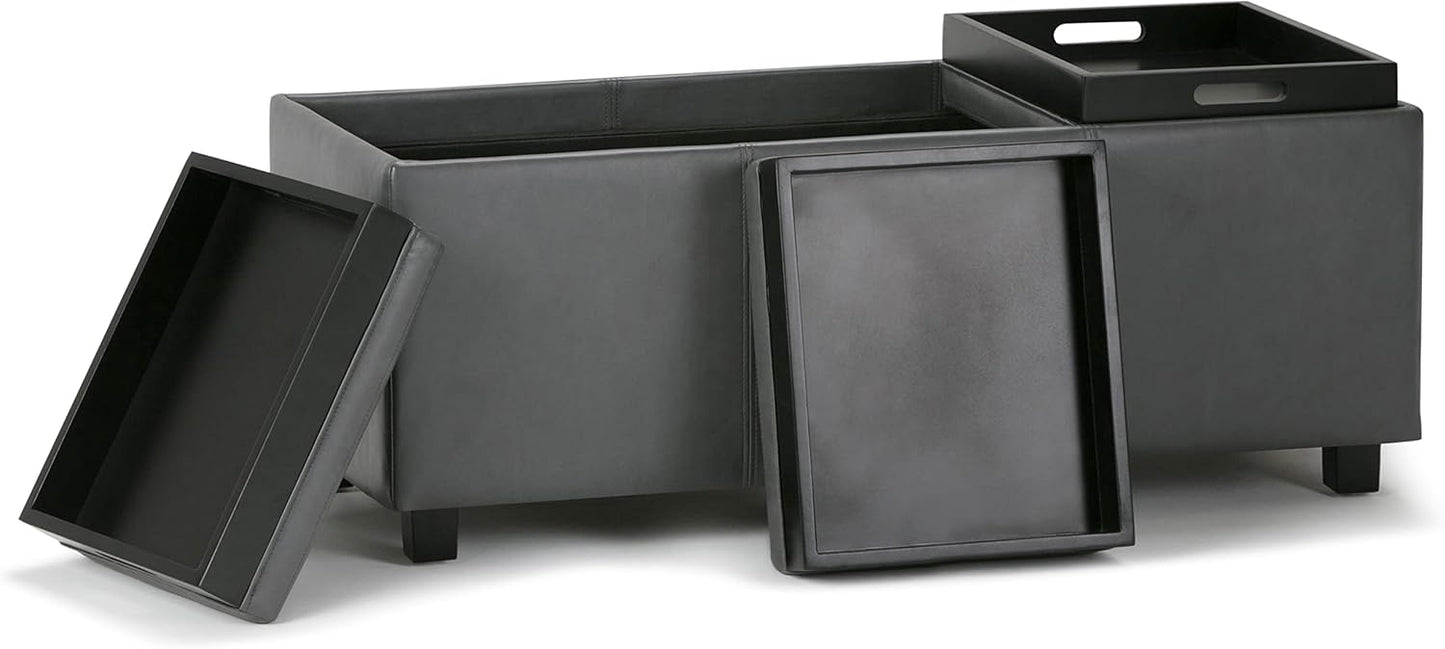SIMPLIHOME Avalon 42 inch Wide Contemporary Rectangle Storage Ottoman in Stone Grey Vegan Faux