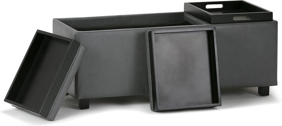 SIMPLIHOME Avalon 42 inch Wide Contemporary Rectangle Storage Ottoman in Stone Grey Vegan Faux