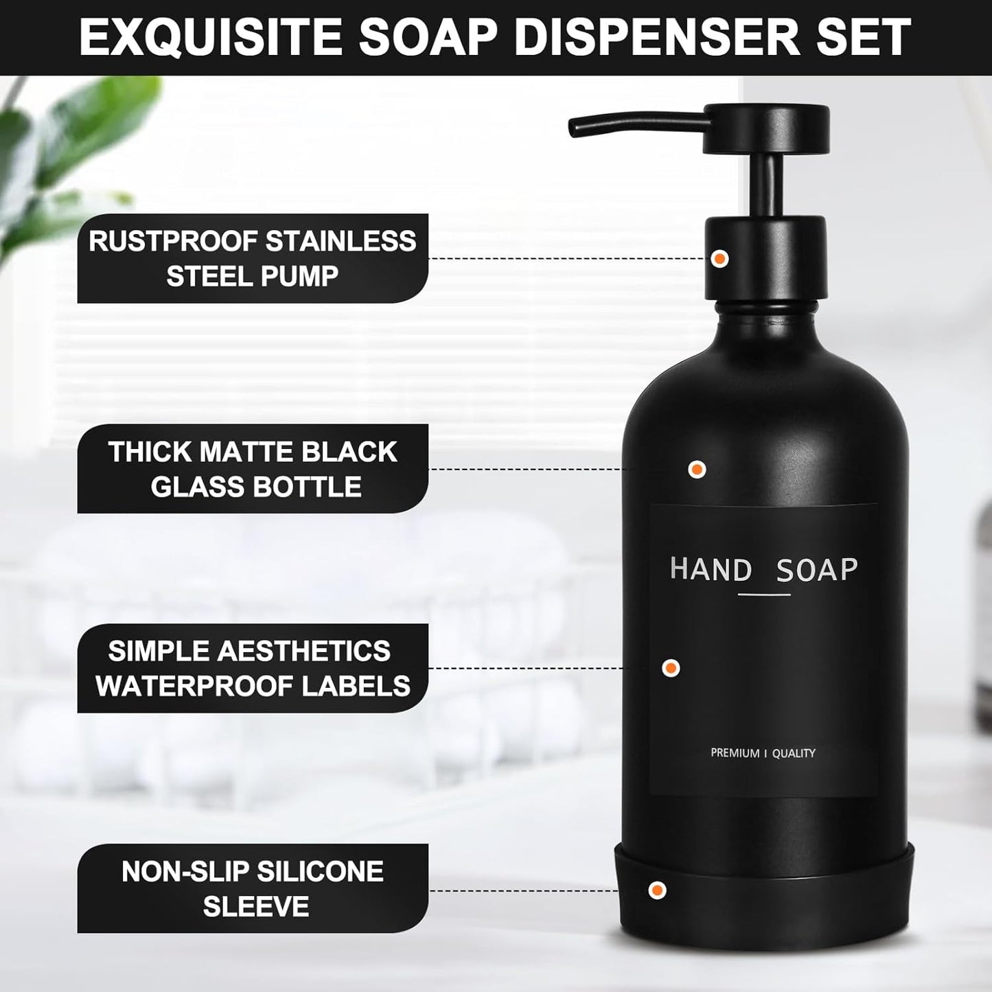 Black Glass Soap Dispenser with Stainless Steel Pump, 16.9 Fl oz Soap Dispenser Set for Kitchen