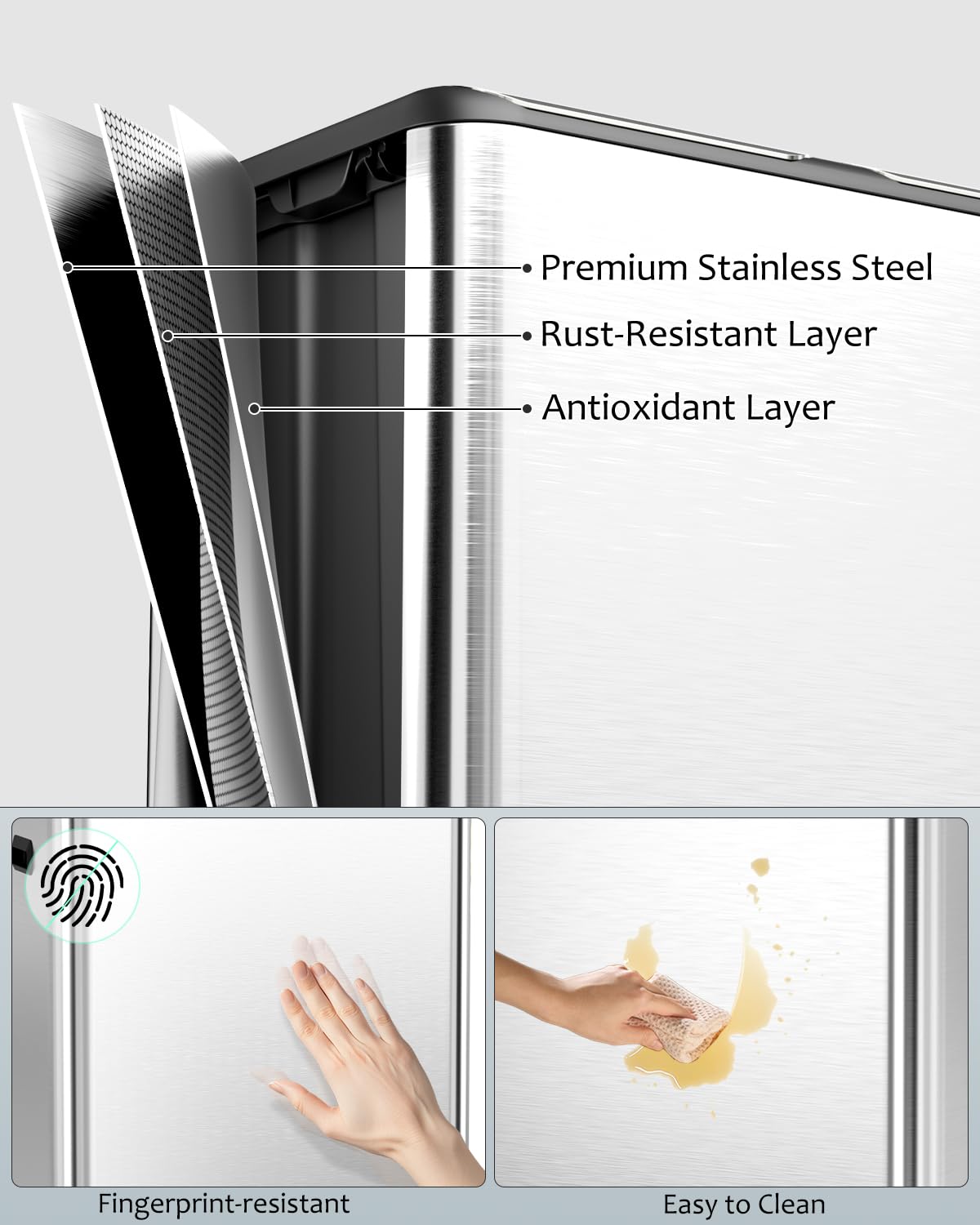 16 Gal (2 x 30 L) Dual Trash Can, Stainless Steel Kitchen Garbage Bin, Recycle Dustbin with Odor