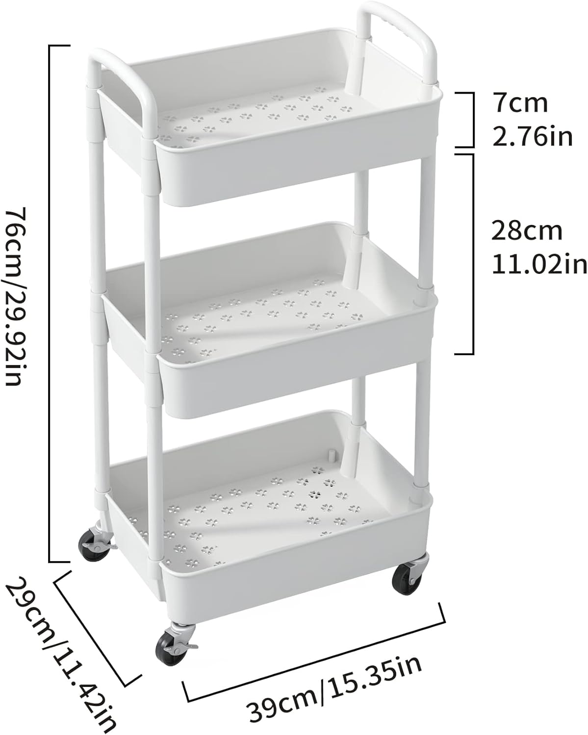 Sywhitta 3-Tier Plastic Rolling Utility Cart with Handle, Multi-Functional Storage Trolley for