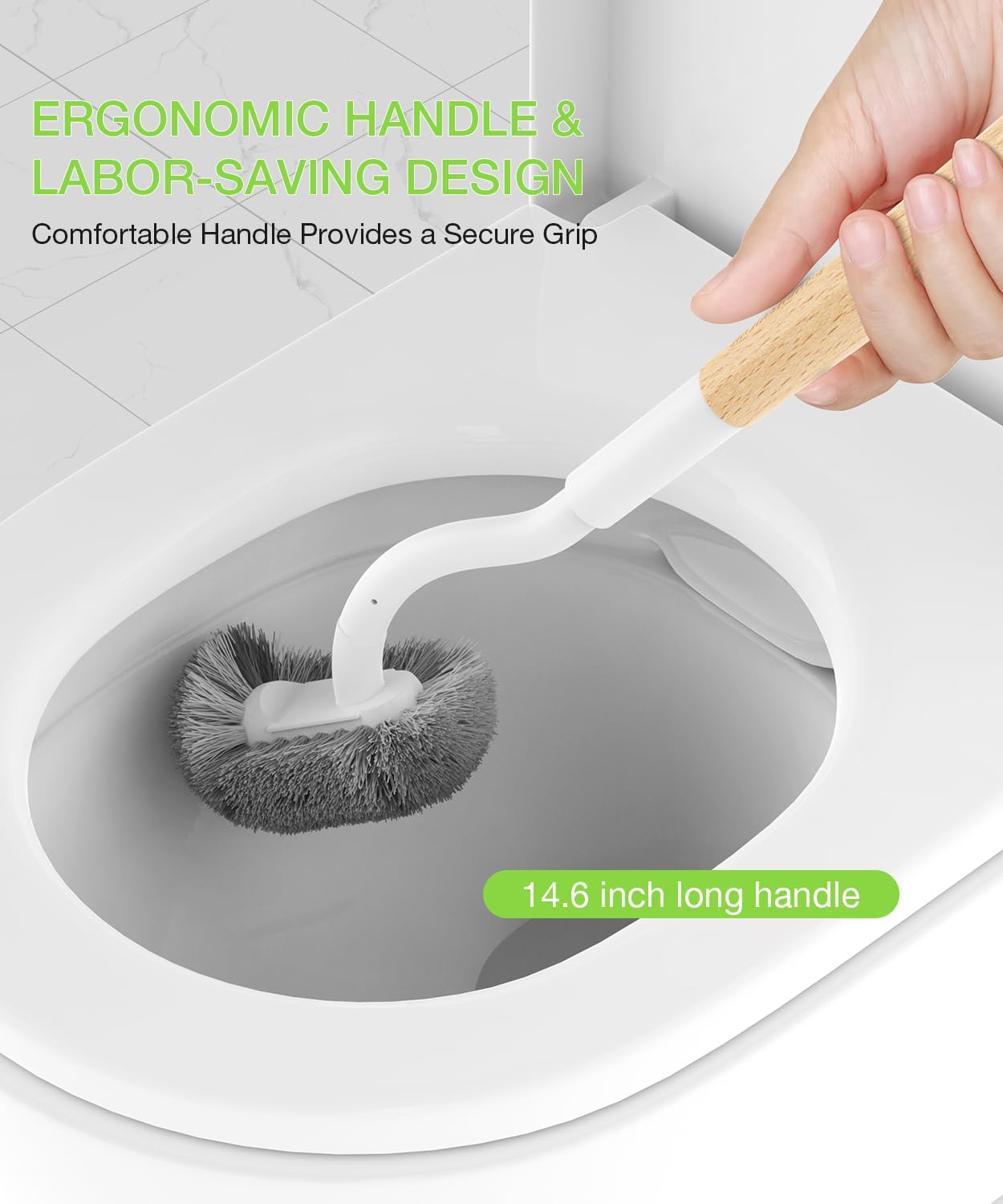 Wooden Toilet Brush, OSCIOSS Toilet Brush and Holder Set with Ergonomic Design, Compact Size
