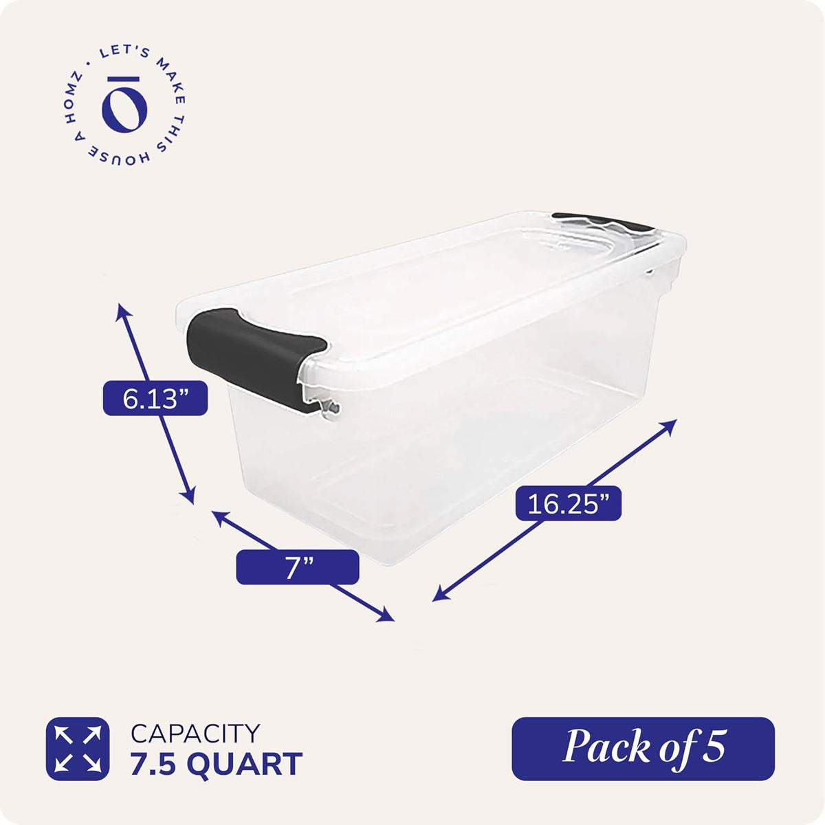 HOMZ 5-Pack Latching Lid, Clear Plastic Storage Organizer Bins, 7.5 Quart, Gray Latch - Stackable