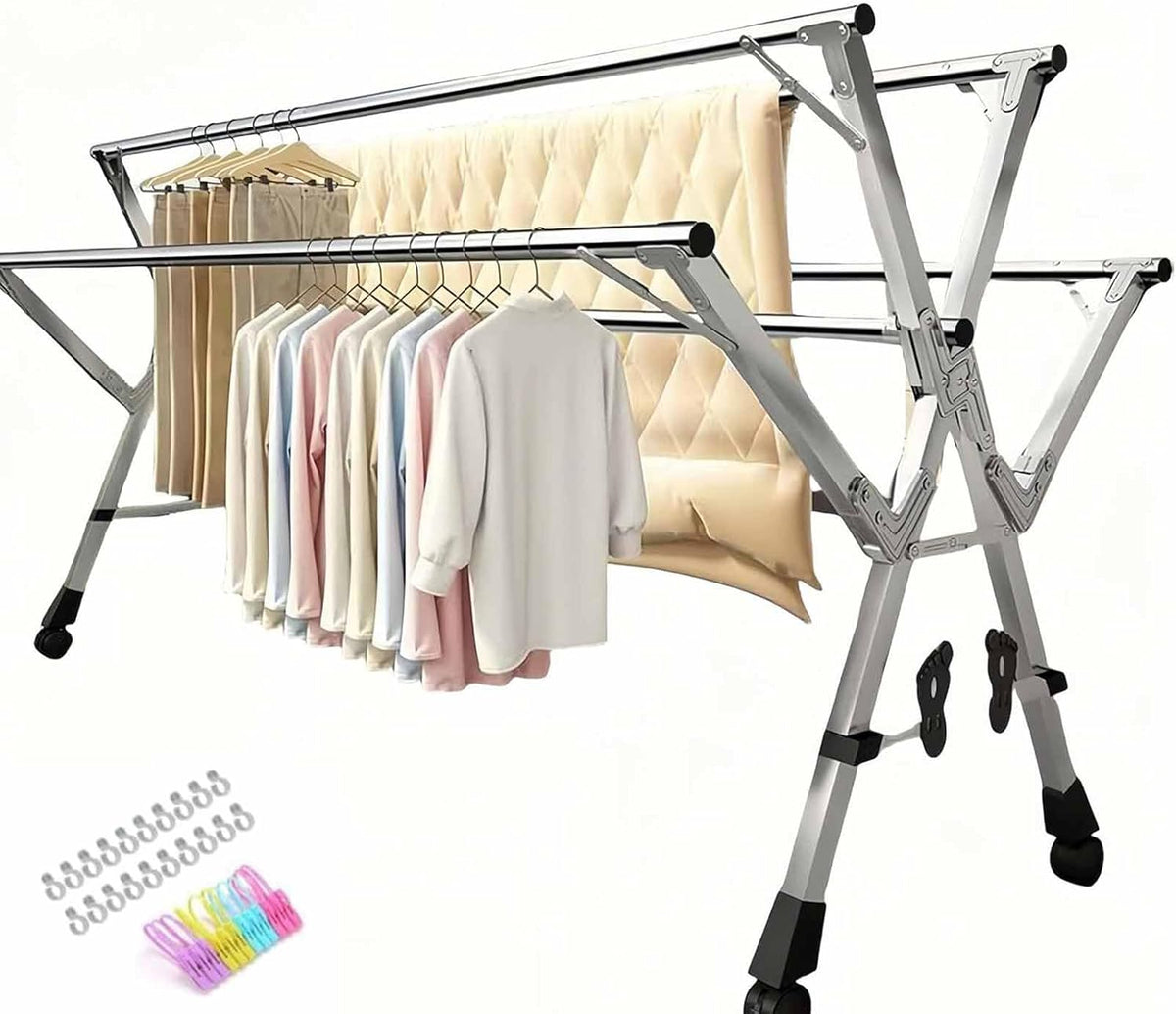 5Poles Clothes Drying Rack,Stainless Steel Laundry Rack with Wheels, Blanket Rack Clothesline