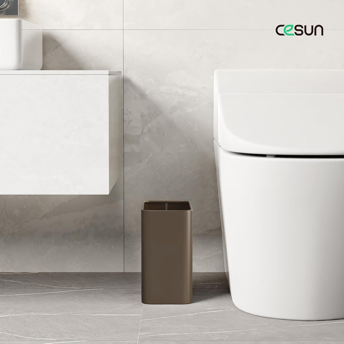 Cesun Small Bathroom Trash Can, 2.1 Gallons, Open-Top, Brown Metal, Stainless Steel, Modern, Ideal
