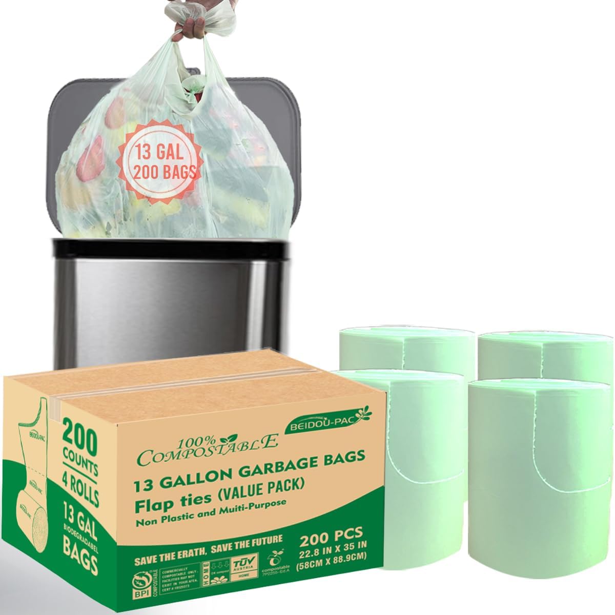 13 Gallon Flap Tie Compostable Trash Bags, 200 Count, Compost Bags Tall Kitchen Trash Bags, Sturdy