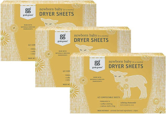 Grab Green Newborn Baby Dryer Sheets, 120 Sheets, Chamomile Scent, Plant and Mineral Based