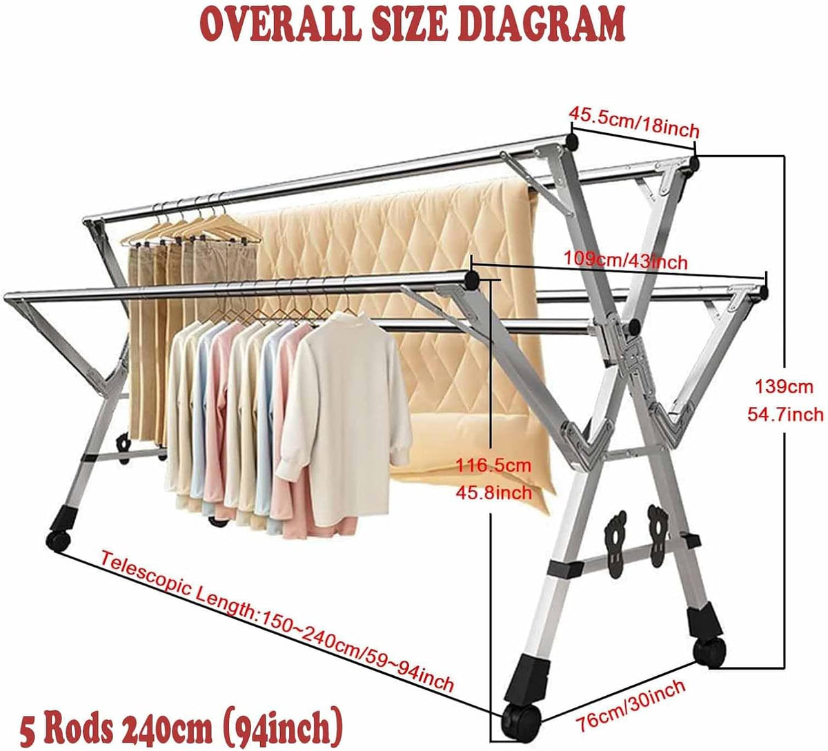 5Poles Clothes Drying Rack,Stainless Steel Laundry Rack with Wheels, Blanket Rack Clothesline