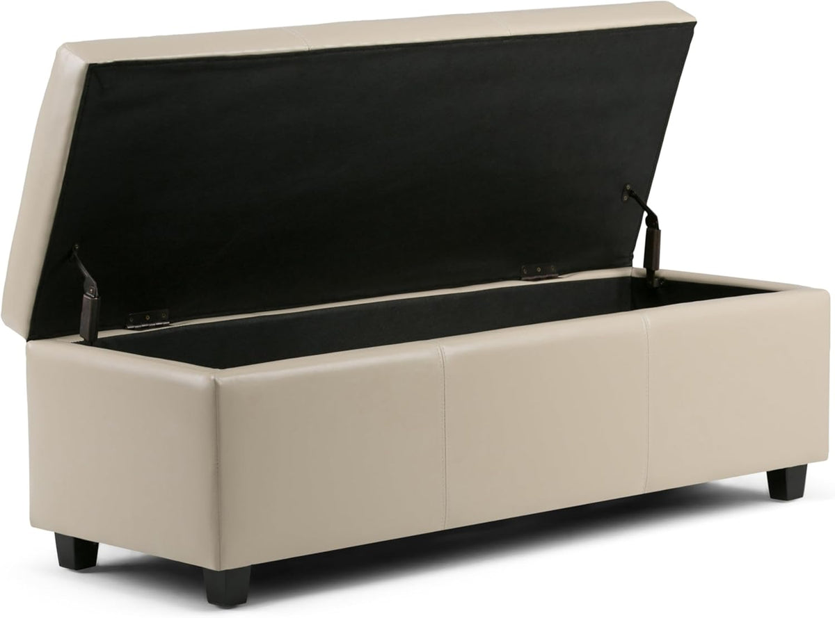 SIMPLIHOME Avalon 48 inch Wide Contemporary Rectangle Storage Ottoman Bench in Satin Cream Vegan
