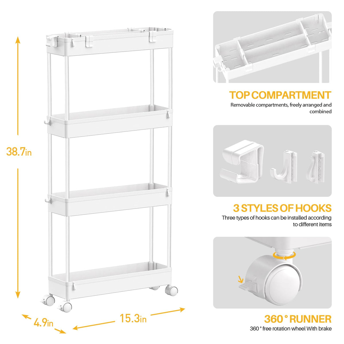 SPACELEAD Slim Storage Cart 4 Tier,Bathroom Organizer Rolling Utility, Mobile Shelving Unit Slide