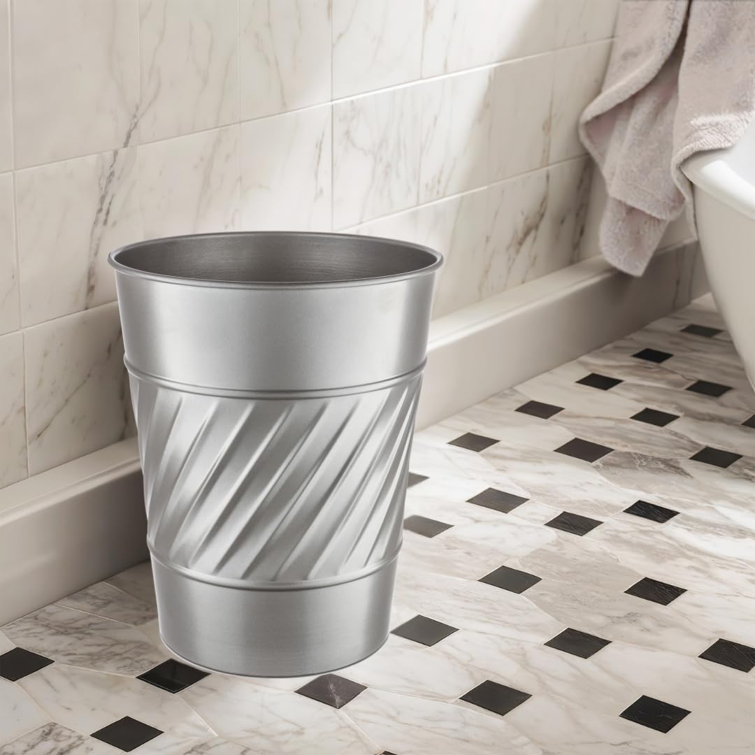 Monarch Abode Pewter Handcrafted Wave Embossed Metal Wastebasket for Home Office, Decorative Waste