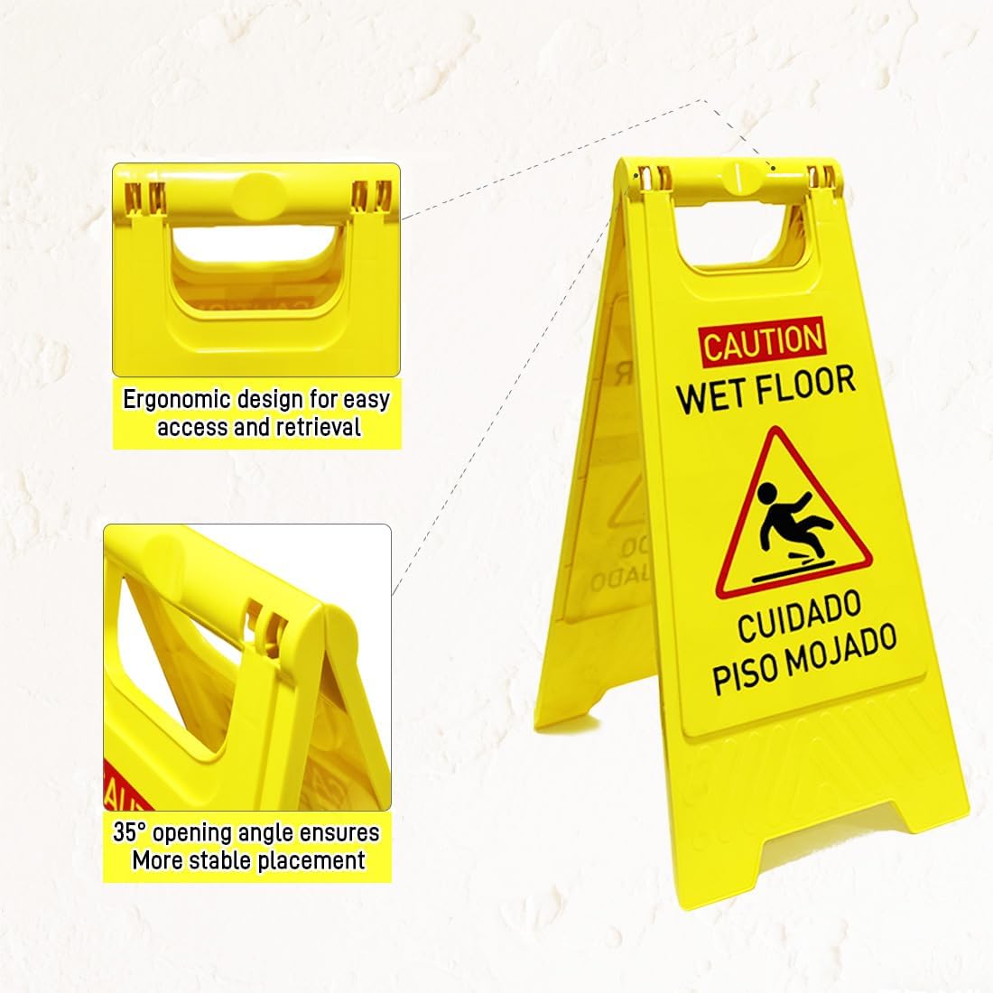 3-Pack Caution wet floor sign, 24 in. (approx. 60 cm) Height,Bright Yellow Double-Sided Folding