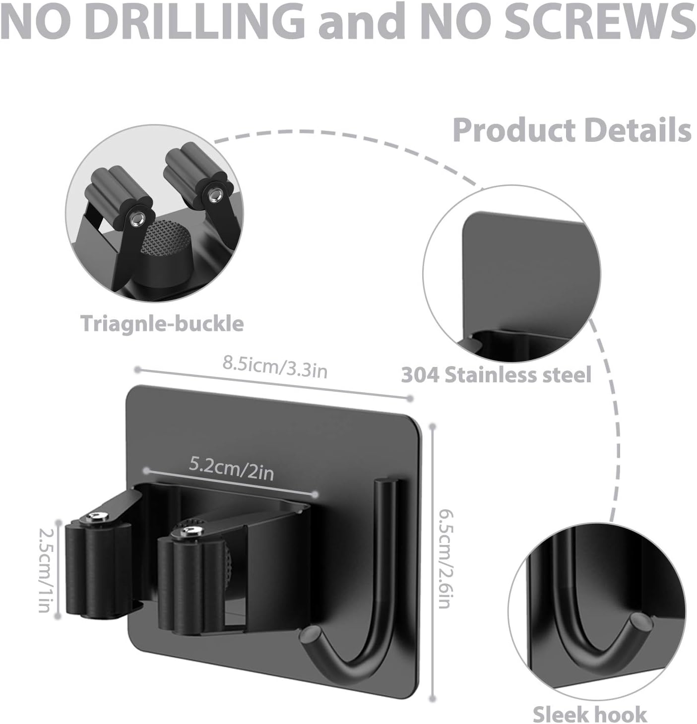 Mop Broom Holder No Drill, Mop Broom Organizer Wall Mounted Heavy Duty with Hooks Hanger, Self