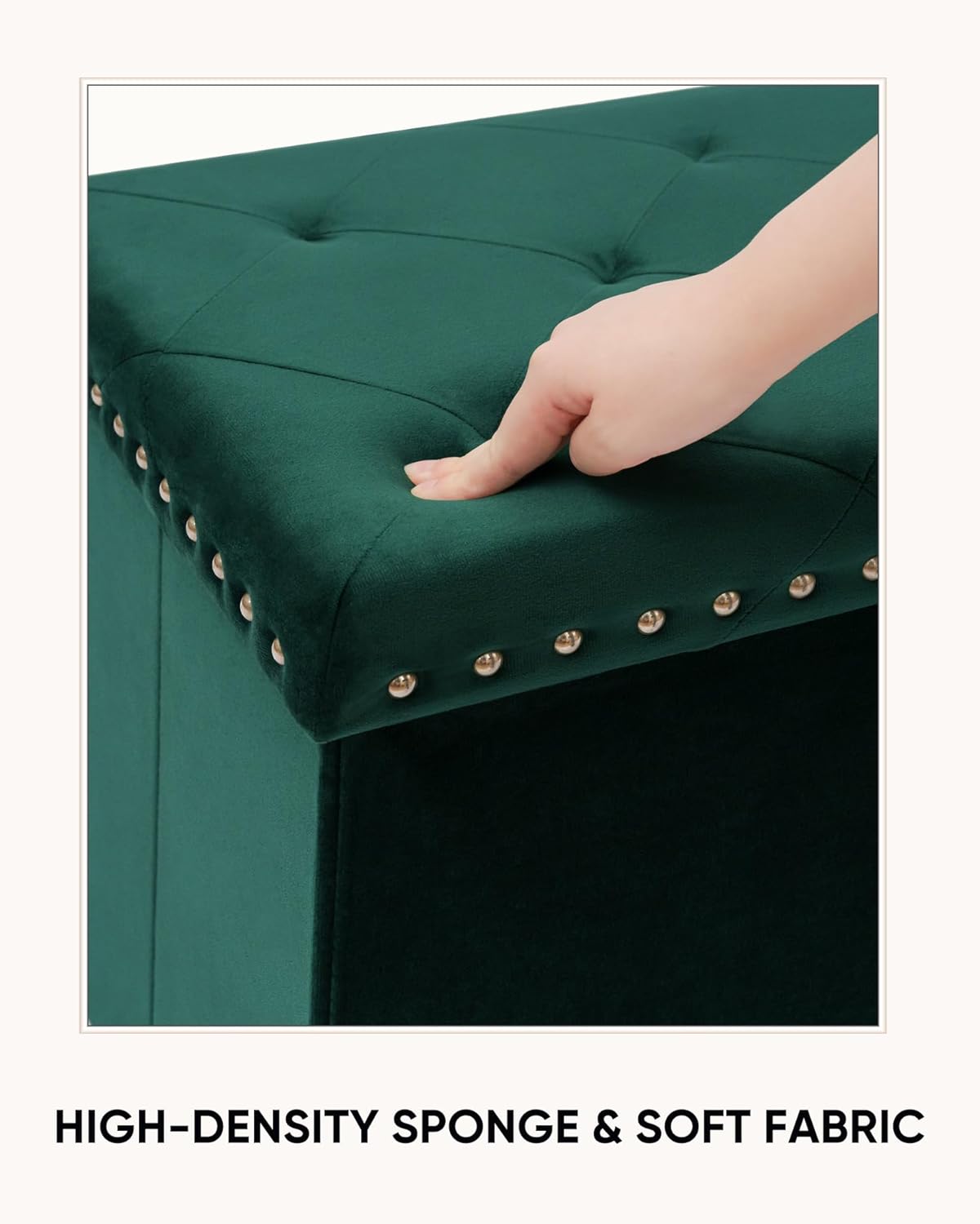 Velvet Storage Ottoman Bench, 43.3" Folding Ottoman with Rivet Trim, Heavy-Duty Upholstered