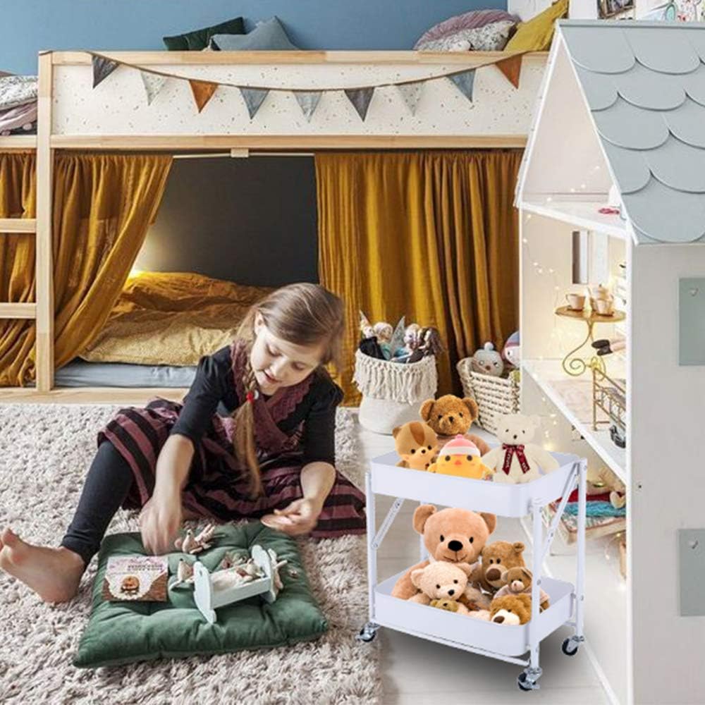 Melody House 2-Tier Metal Folding Rolling Cart, Mobile Utility Cart Trolley Storage Organizer for