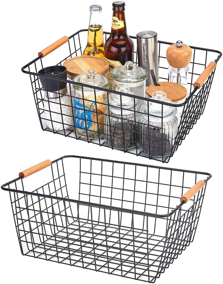 LeleCAT Large black wire baskets for Organizing with Wooden Handles for storage pantry, Storage