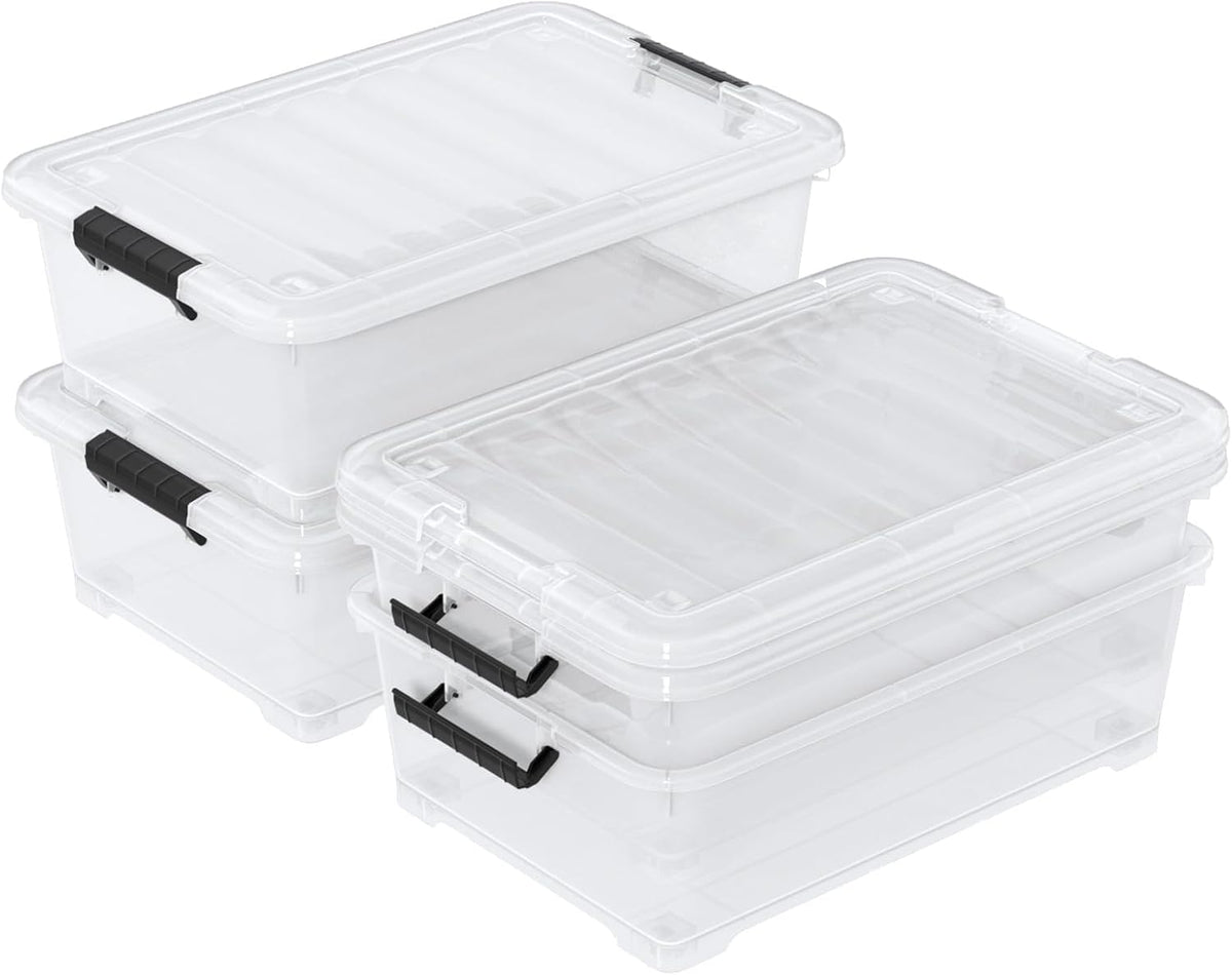 4 Packs Under Bed Storage Containers with Clear Lid, Large Stackable Plastic Latching Bins with