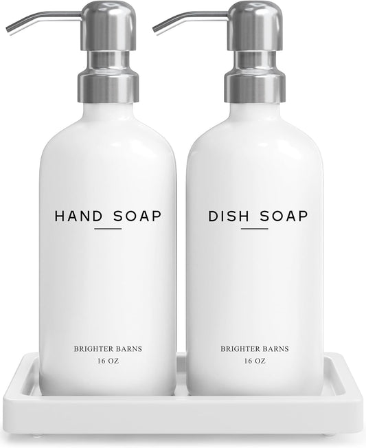 White Glass Hand and Dish Soap Dispenser Set by Brighter Barns - Kitchen Soap Dispenser Set with