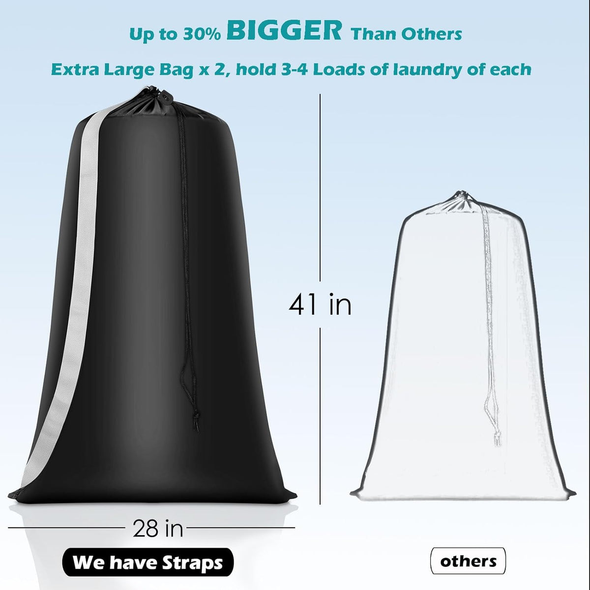 Heavy Duty Laundry Bag 2 Pack XL Nylon Laundry Bags with Straps, Washable Large Dirty Clothes