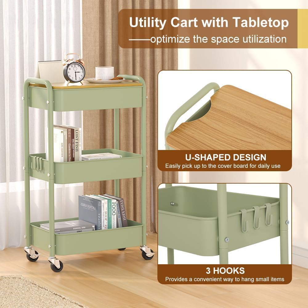 3 Tier Metal Utility Cart, Rolling Storage Cart with Wooden Tabletop, Metal Organizer Cart with