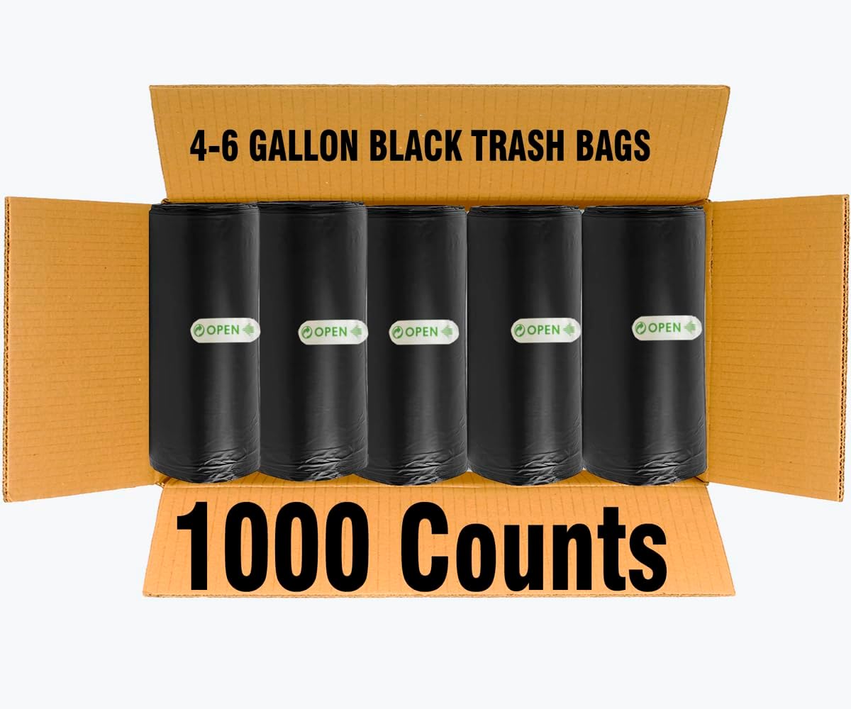4-6 Gallon Trash Bags, 1000 Count Bulk Value Pack Black Garbage bags, Multi-purpose Trash Can Bin